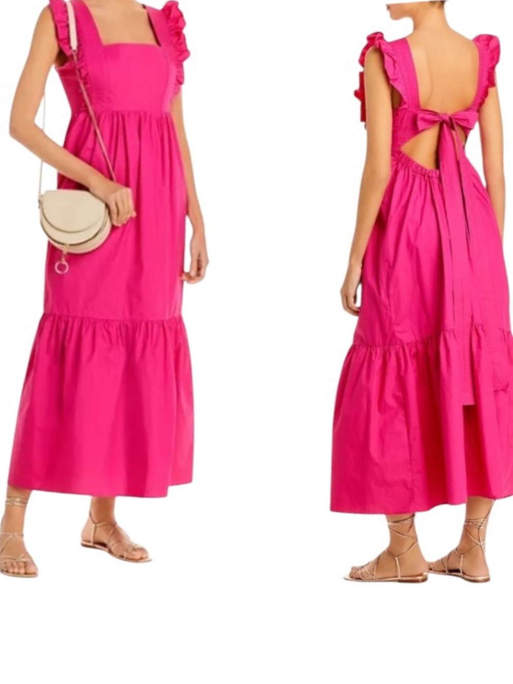 Aqua Hot Pink Ruffle-Shoulder Tie-Back Tiered Maxi Cotton Dress XS-S